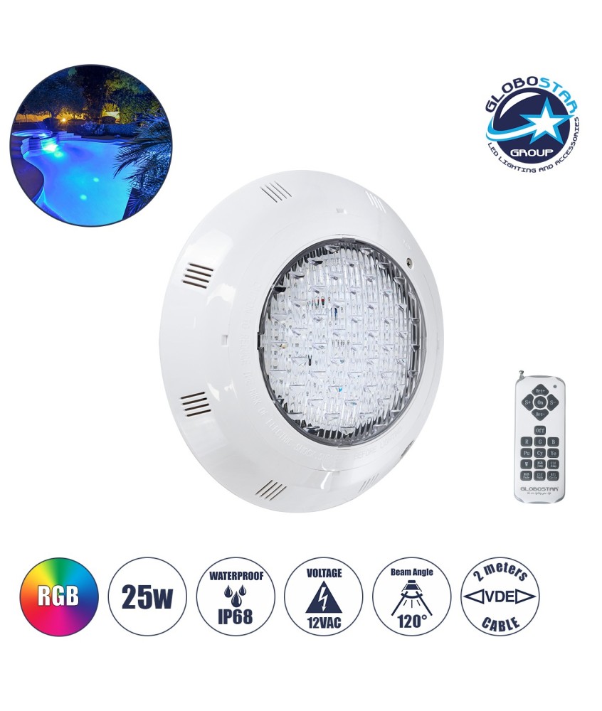 GLOBOSTAR® POOLETI 61542 Υποβρύχιο Φωτιστικό για Σιντριβάνια-Πισίνες LED 25W 1750lm 120° AC 12V Αδιάβροχο IP68 RGB Dimmable  - Ασύρματο Χειριστήριο RF 2.4Ghz Εμβέλειας 60 Μέτρων - 2m VDE Rubber Καλώδιο - Φ30 x Υ6.5cm - 3 Χρόνια Εγγύηση